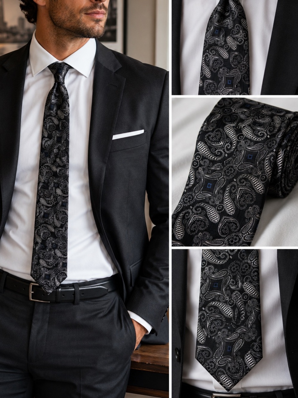 Saliari Paisley Handmade XL 100% Silk Tie Black Gray Blue Classic Men’s Necktie